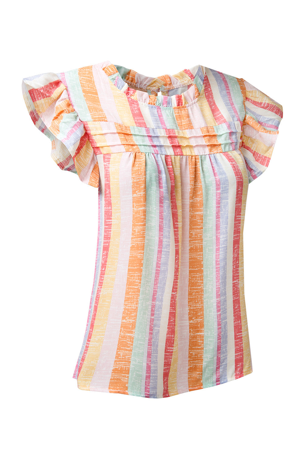Rainbow stripe blouse with flutter sleeves and ruffled neckline