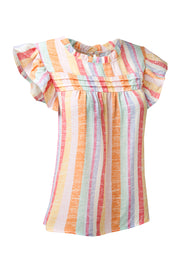 Rainbow stripe blouse with flutter sleeves and ruffled neckline