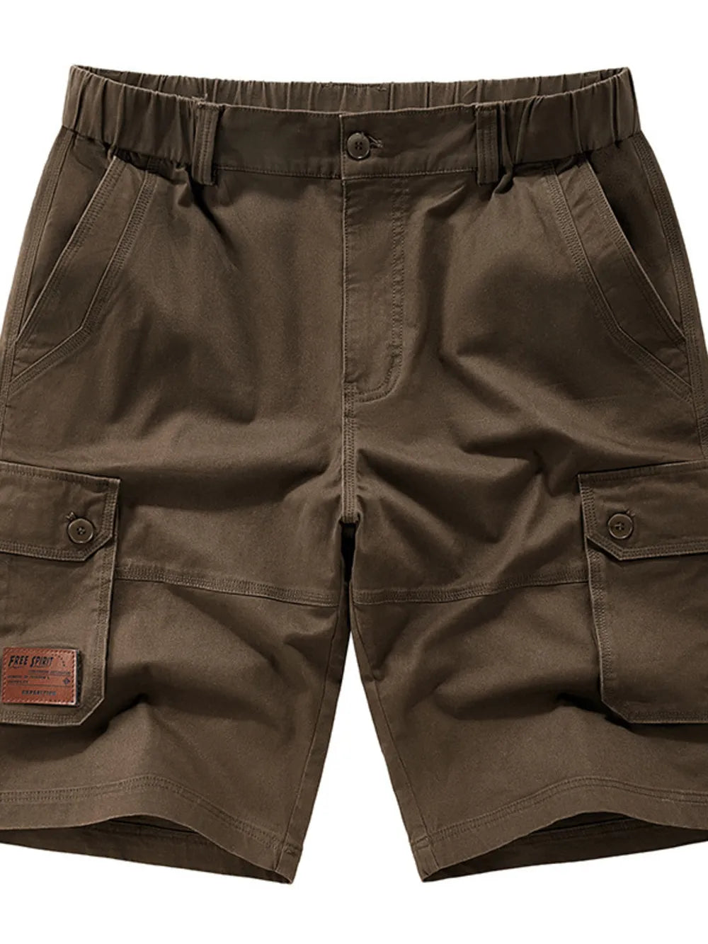 Coffee chino shorts with elastic waist, button fly, and cargo pockets.