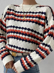 Textured striped knit sweater with bubble knit detail in white, red, and navy.