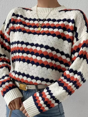 Textured striped knit sweater with bubble knit detail in white, red, and navy.