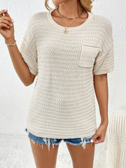 Cream textured knit t-shirt with short sleeves and a chest pocket, boxy fit