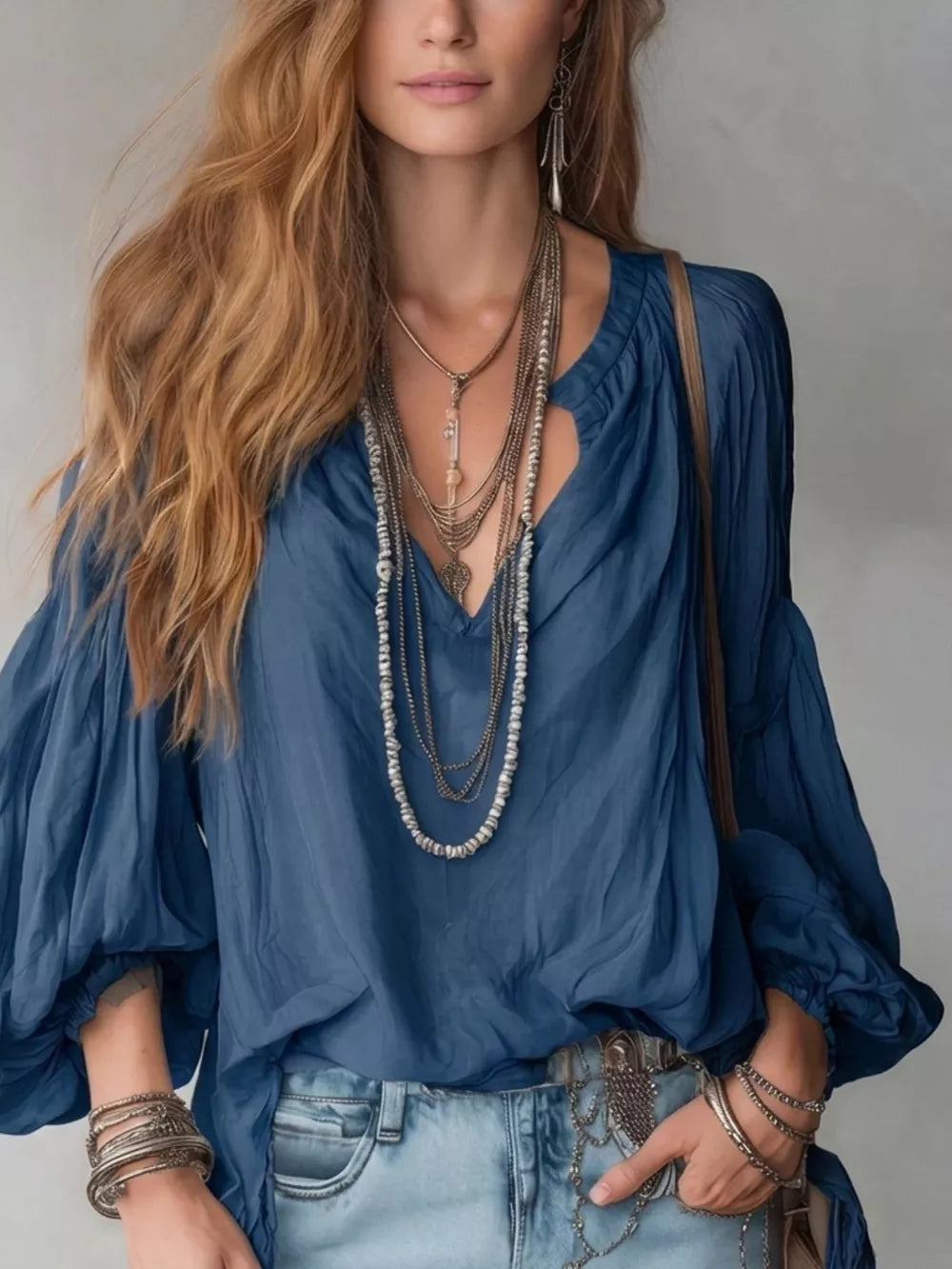 Notched Balloon Sleeve Blouse in Black, view 12