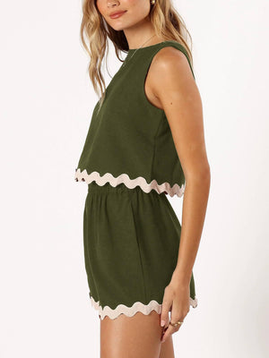 Army green sleeveless outfit set with scalloped trim detail on crop top and shorts.