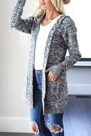 Hooded heathered knit open cardigan in light gray with pockets.