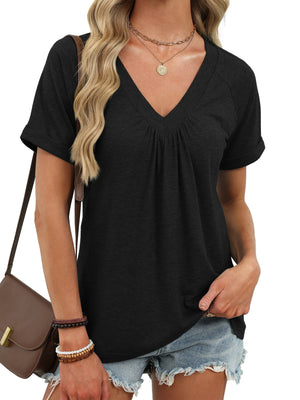 Black ruched V-neck short sleeve t-shirt with elastane, styled with denim shorts and a crossbody bag.