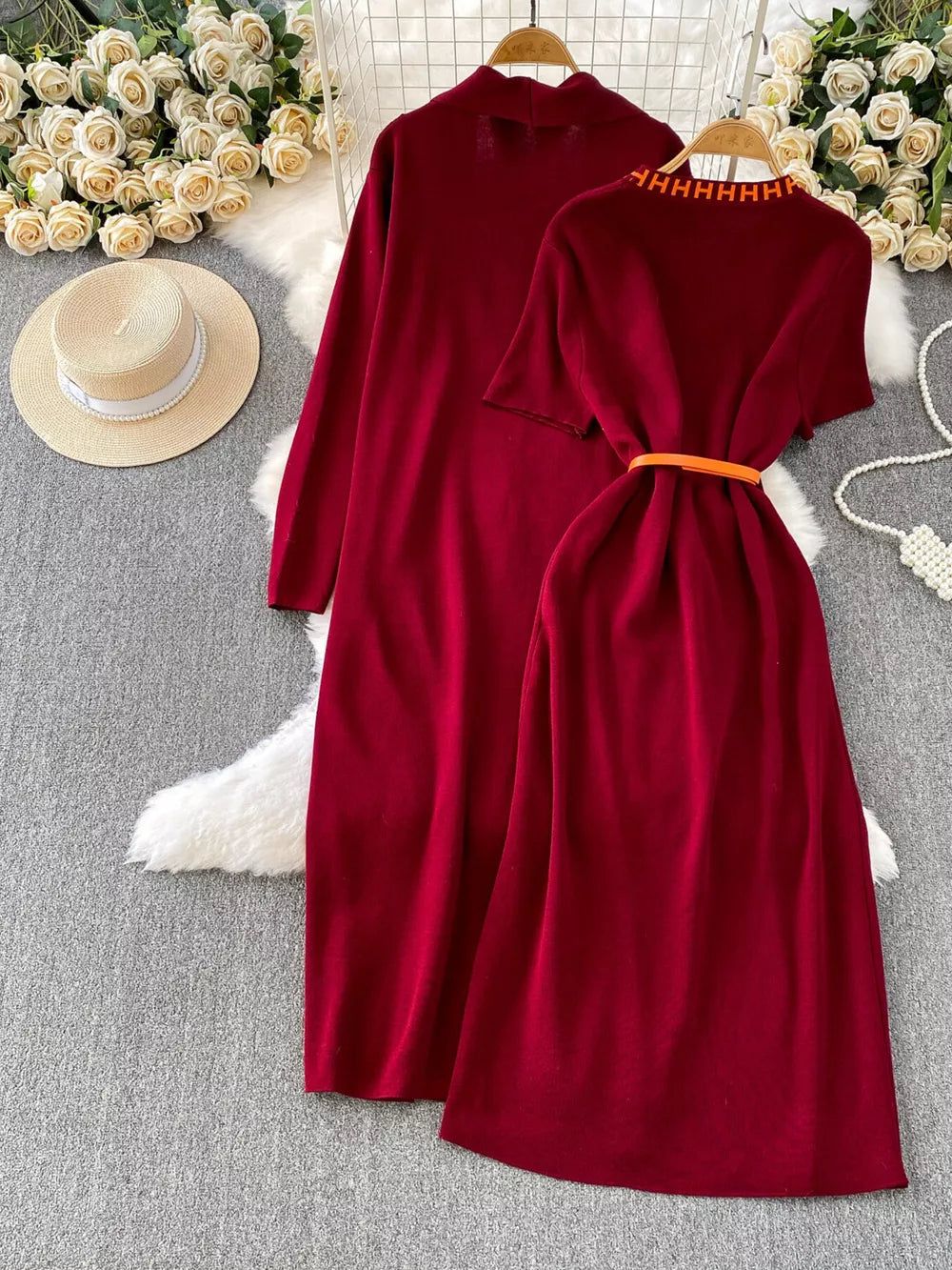 Burgundy knitted maxi dress and cardigan set with orange belt detail