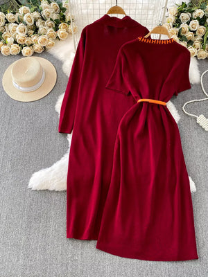 Burgundy knitted maxi dress and cardigan set with orange belt detail
