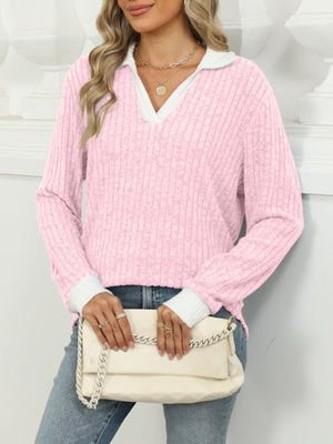 Pink ribbed knit long sleeve t-shirt with white collar and cuffs, v-neck.
