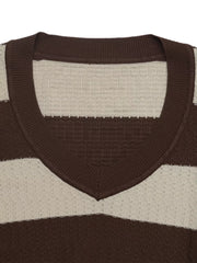 Striped V-neck Knit Top in Coffee Brown, product detail