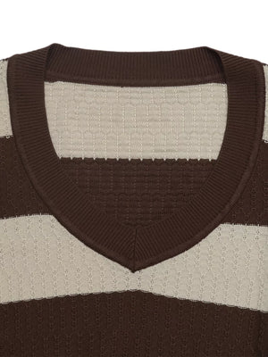 Striped V-neck Knit Top in Coffee Brown, product detail