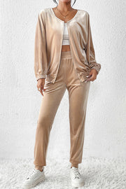 Tan velvet tracksuit co-ord with zip-up jacket and joggers.