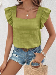 Textured ruffle sleeve square neck top in yellow-green with horizontal smocking detail.