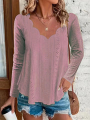 Dusty Pink scalloped eyelet yoke blouse with long sleeves and a V-neckline.