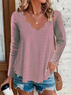 Dusty Pink scalloped eyelet yoke blouse with long sleeves and a V-neckline.
