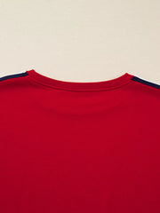 Deep Red sweatshirt with varsity stripe detail on the shoulders.