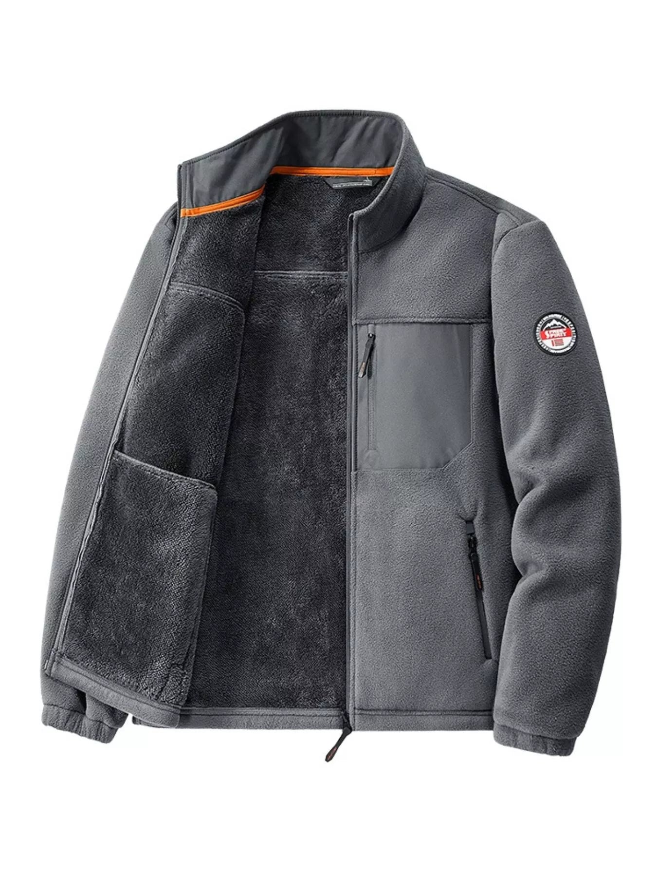 Men's gray fleece jacket with sherpa lining, zip pockets and chest pocket.