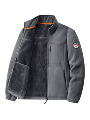 Men's gray fleece jacket with sherpa lining, zip pockets and chest pocket.