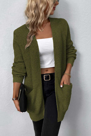 Waffle knit longline cardigan in Matcha Green with pockets and open front.