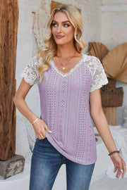 Lavender eyelet raglan blouse with white lace short sleeves and v-neckline