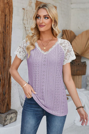 Lavender eyelet raglan blouse with white lace short sleeves and v-neckline