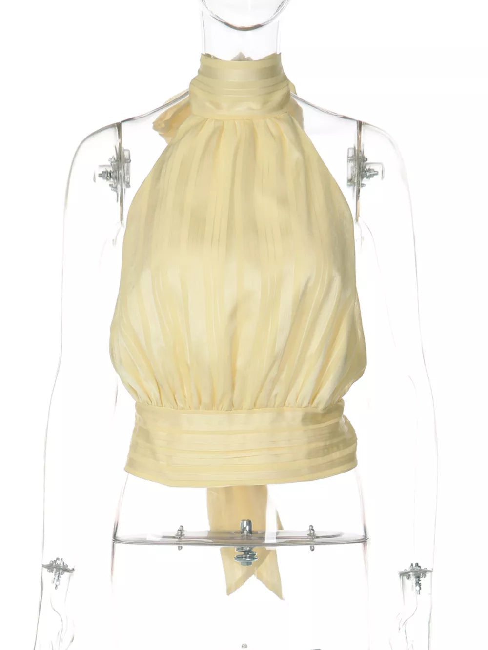 Yellow ruched halter cami top with vertical stripes and tie detail