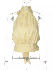 Yellow ruched halter cami top with vertical stripes and tie detail