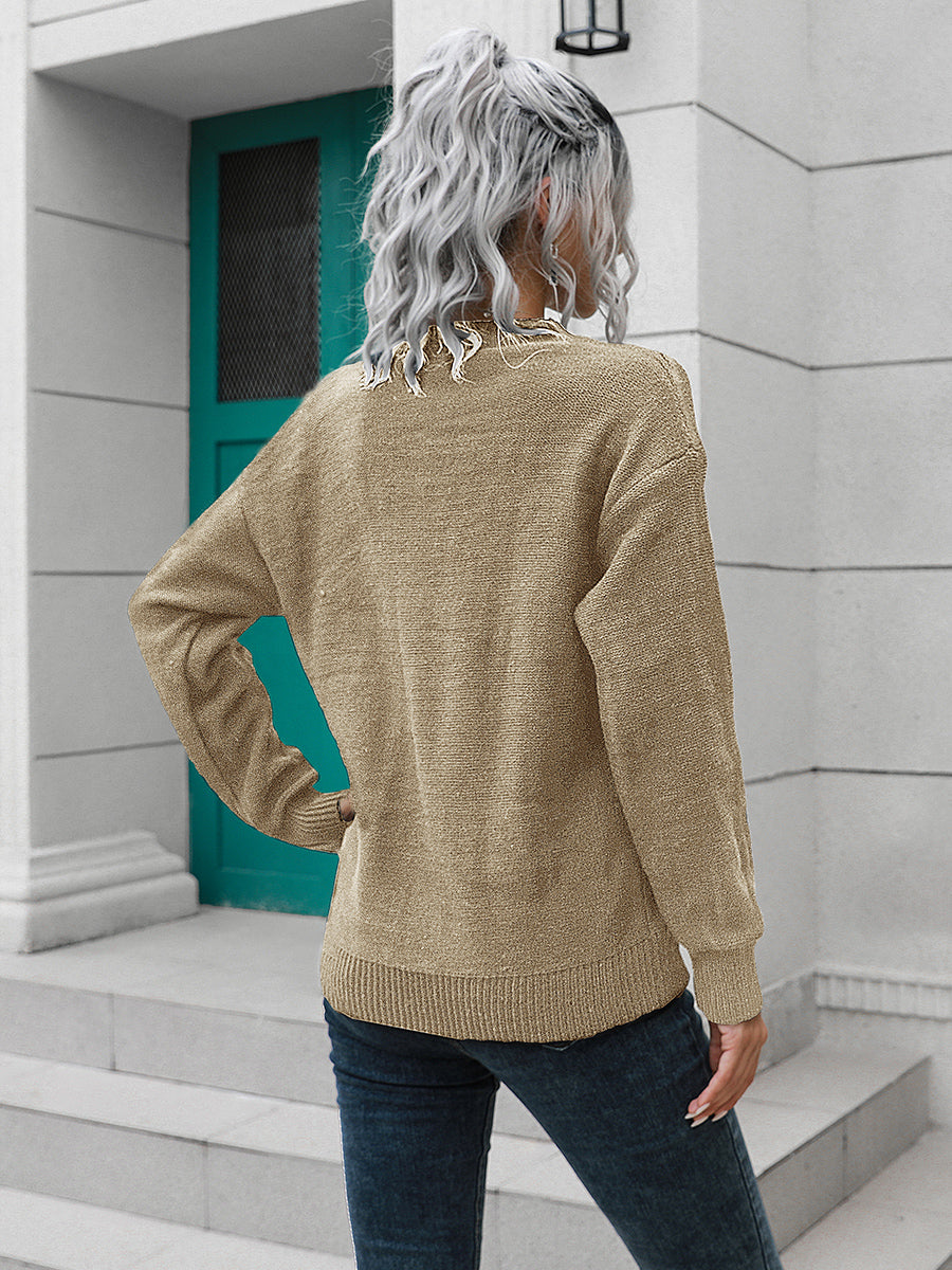 Khaki acrylic knit sweater with crew neck and long sleeves, featuring a keyhole detail at the back.