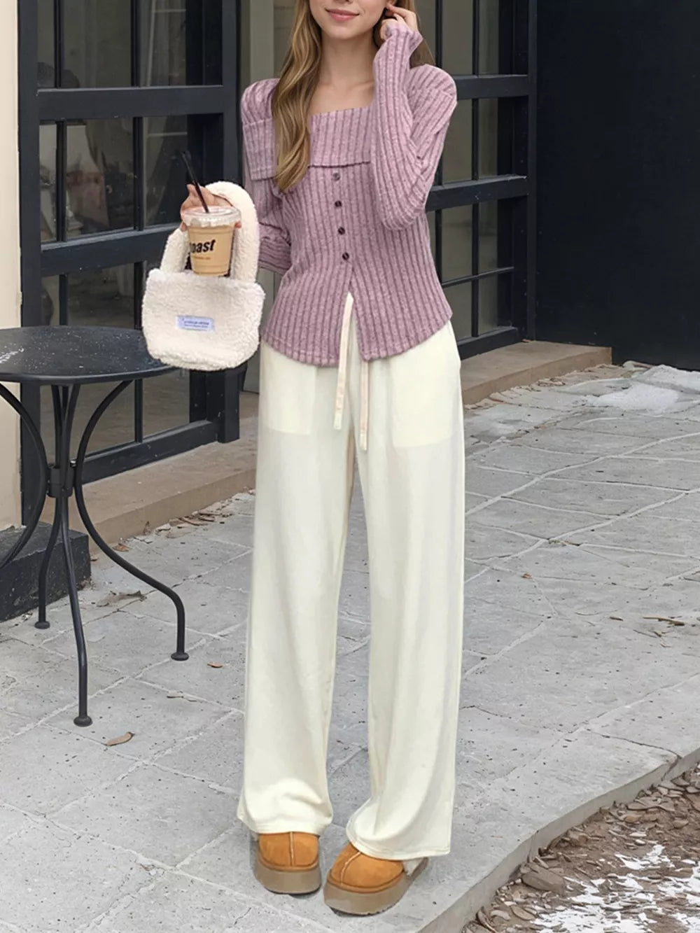 Ribbed Square Neck Long Sleeve Crop Top in Lilac, model styling view