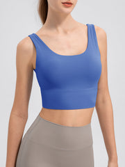 Blue performance crop top with scoop neck and wide band