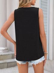 Black sleeveless tank top with lace trim detail and a curved hem.