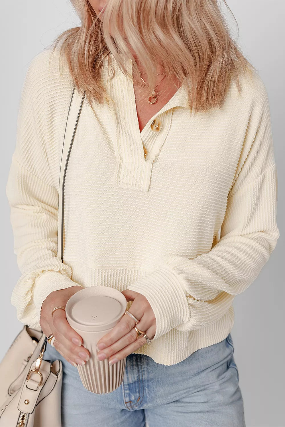 Corded Texture Lantern Sleeve Henley Sweatsuit in Ivory, front view
