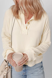 Corded Texture Lantern Sleeve Henley Sweatsuit in Ivory, front view