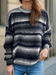 Ombre stripe fluffy knit crewneck jumper in dark gray and navy blue.