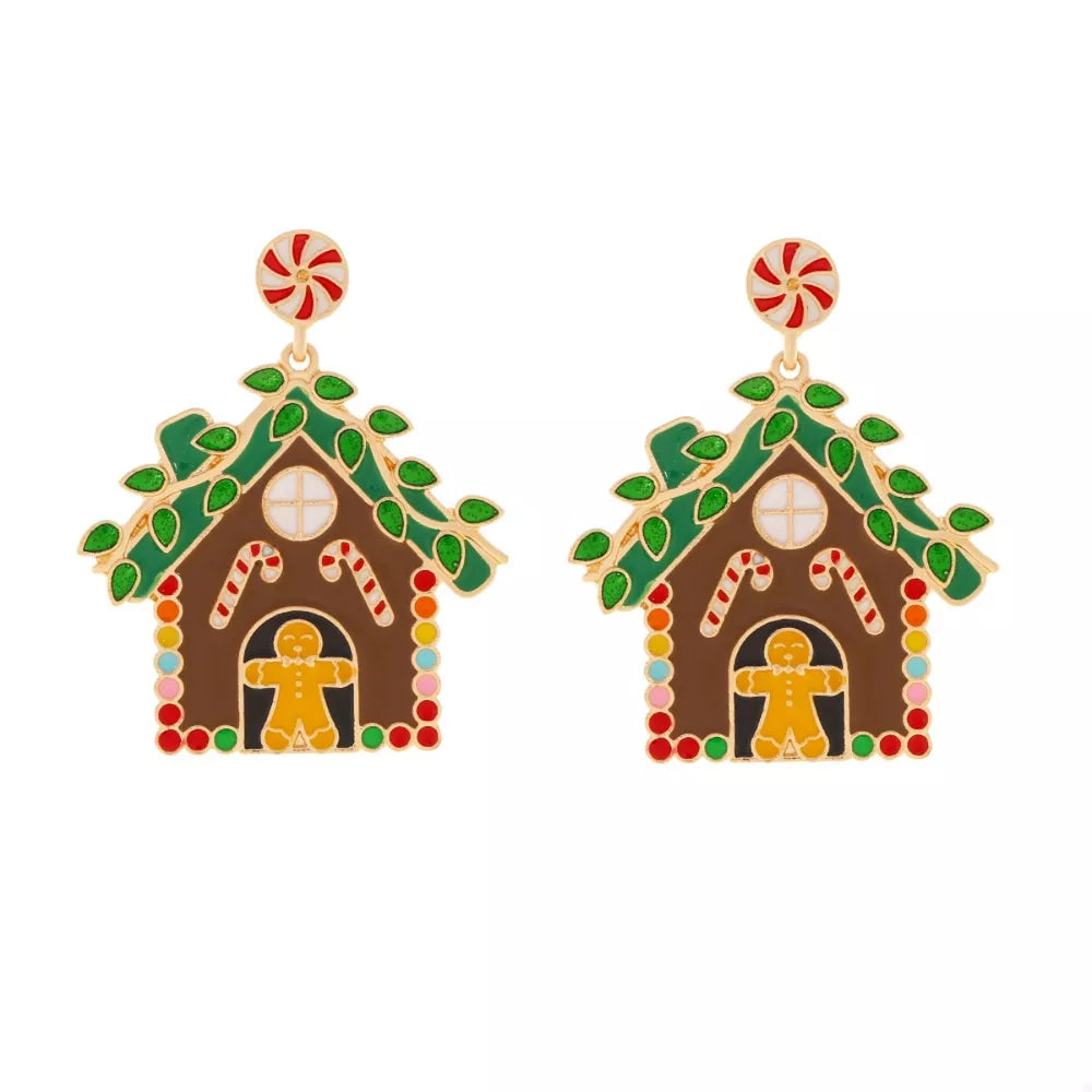 Festive gingerbread house dangle earrings with candy canes and gingerbread man detail.