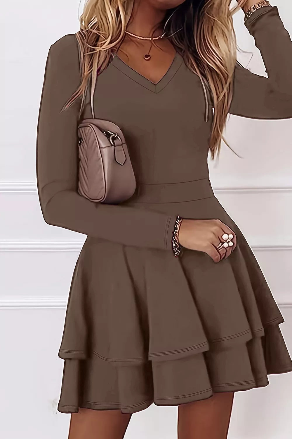 Layered Long Sleeve V-neck Mini Dress, front view