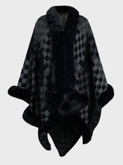 Checkered cape in dark navy and grey acrylic with faux fur trim and collar.