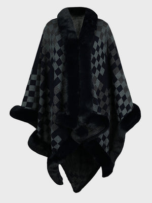 Checkered cape in dark navy and grey acrylic with faux fur trim and collar.