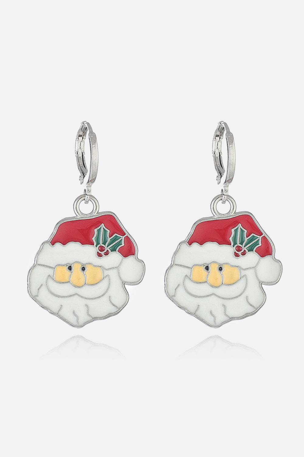 Festive Santa charm hoop earrings with red hats and holly accents.