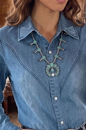 Long Sleeve Collared Denim Shirt in Medium, close-up detail