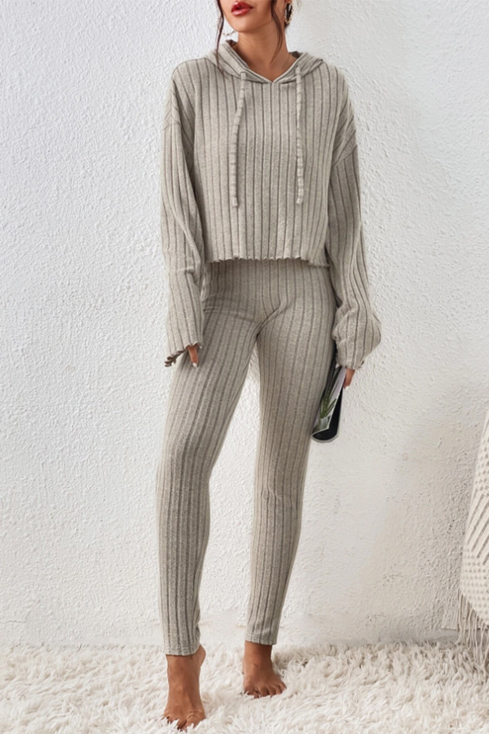 Beige ribbed knit cropped hoodie and leggings lounge set with drawstring hood.