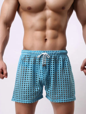 Sky blue perforated sport shorts with drawstring waist and athletic cut.