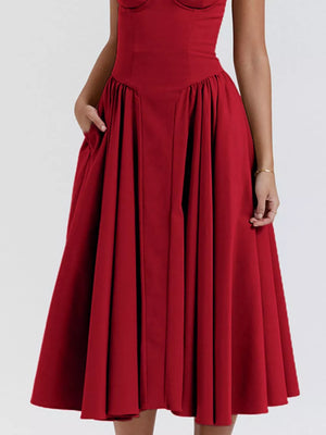 Deep red sweetheart midi dress with spaghetti straps and pockets