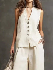 Sleeveless Buttoned Vest And Wide-leg Pants Set, fabric detail