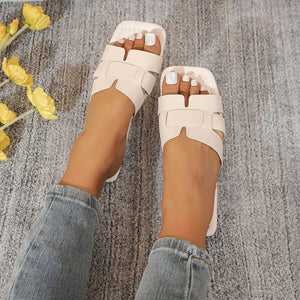 Beige white woven strap flat sandals with chic design and square toe.