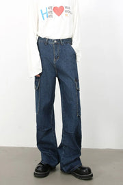 Denim palazzo cargo pants in dark blue with baggy fit and multiple pockets.