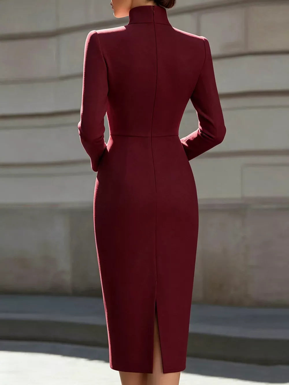 High Neck Long Sleeve Slit Dress in Dark Blue, fit detail