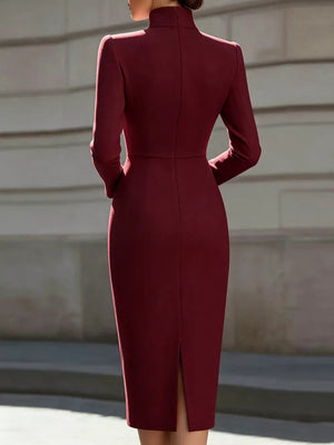 High Neck Long Sleeve Slit Dress in Dark Blue, fit detail