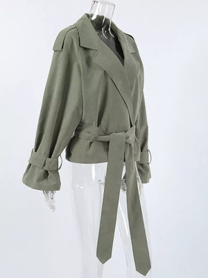 Lapel Collar Belted Cropped Trench in Moss, alternate angle