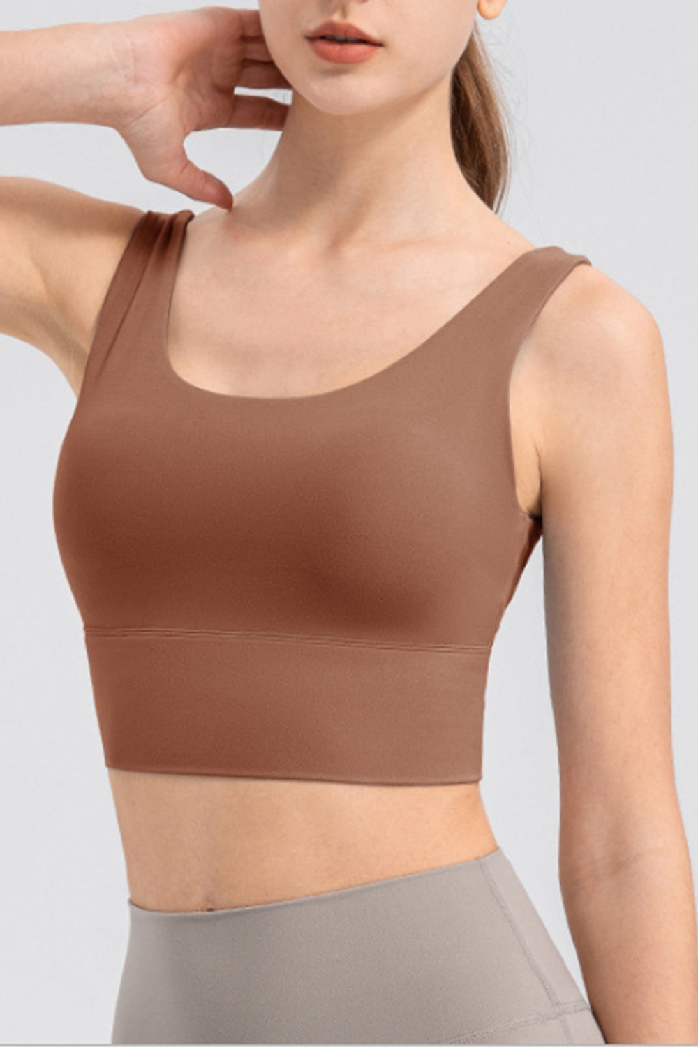 Caramel performance crop top with scoop neck and wide band